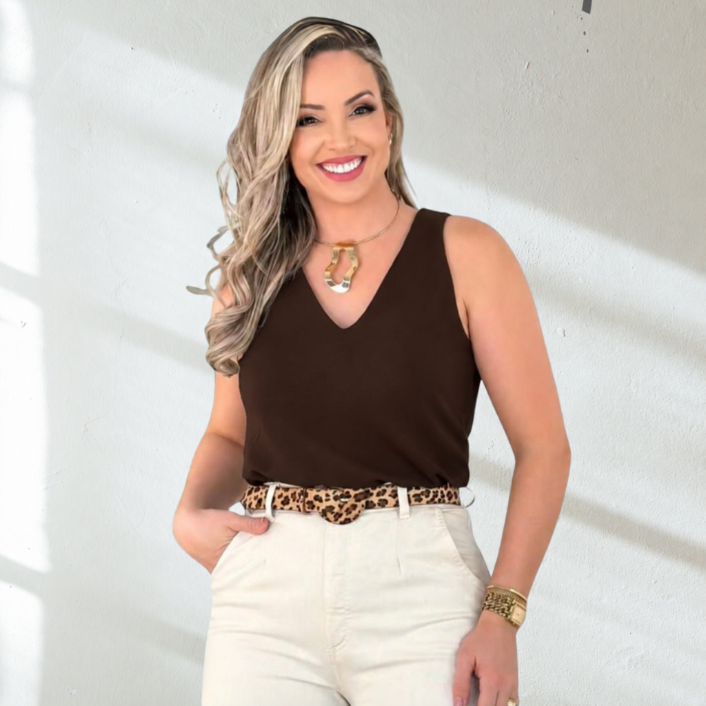 Blusa Feminina Regata Alça Larga Elegante Tecido Duna Regata Básica Lisa  Decote V Tendência   Verão