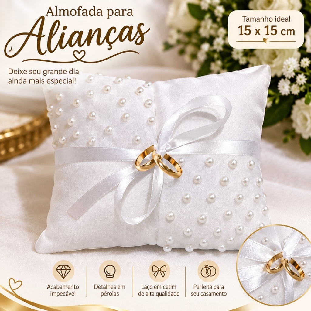 ALMOFADA PORTA ALIANÇAS CASAMENTO DAMINHA COM PEROLAS