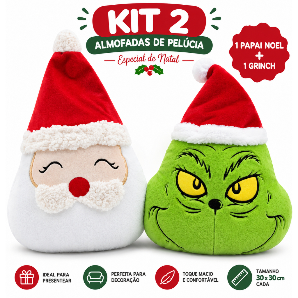 Kit Almofada de Pelúcia Natal 2 Unidades 30x30cm Grinch Papai Noel Decoração