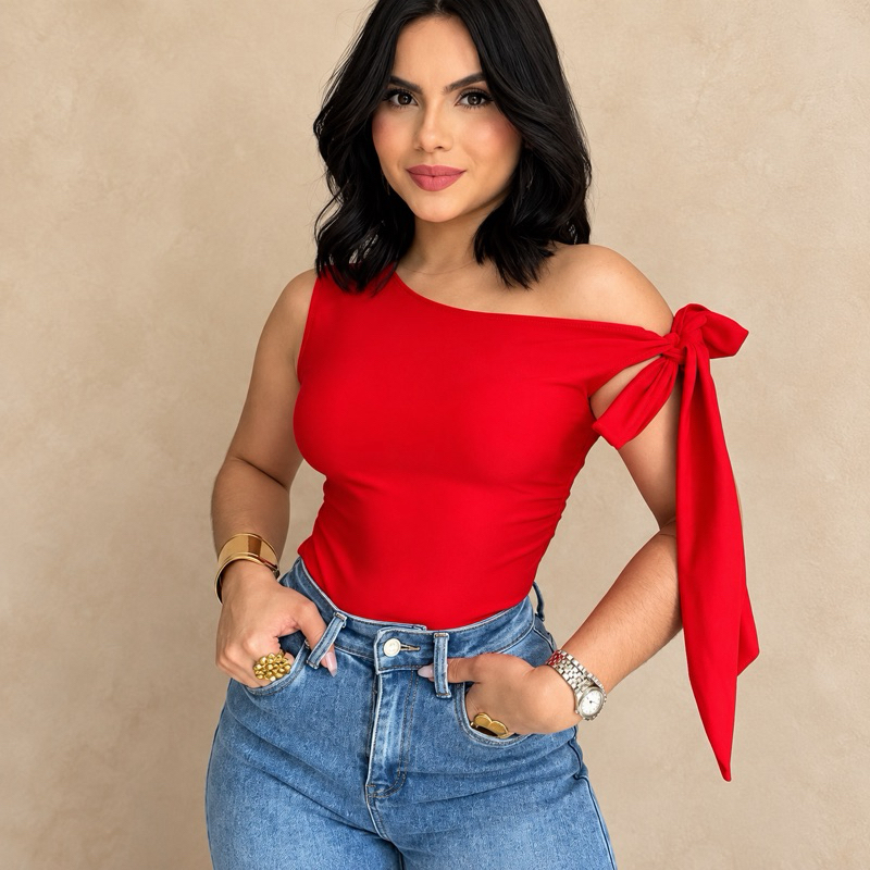 Blusa Feminina Regata Ombro com Amarração Laço Canelada Premium Elegante Estilosa Blogueira Moderna