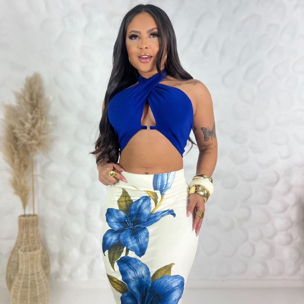 Conjunto Feminino Cropped com Bojo + Saia Midi em Malha Suplex Estampa Floral Flores Inspiração Jully