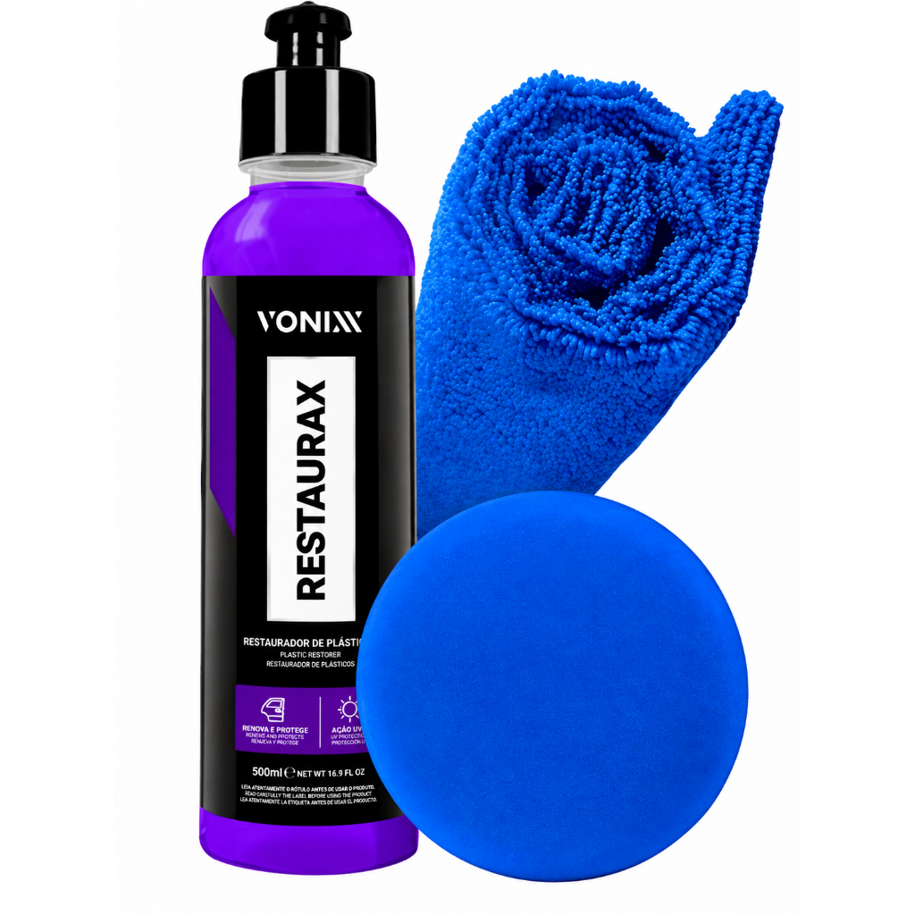 Kit Restaurador Plástico Restaurax 240ml Aplicador Pano Roxo