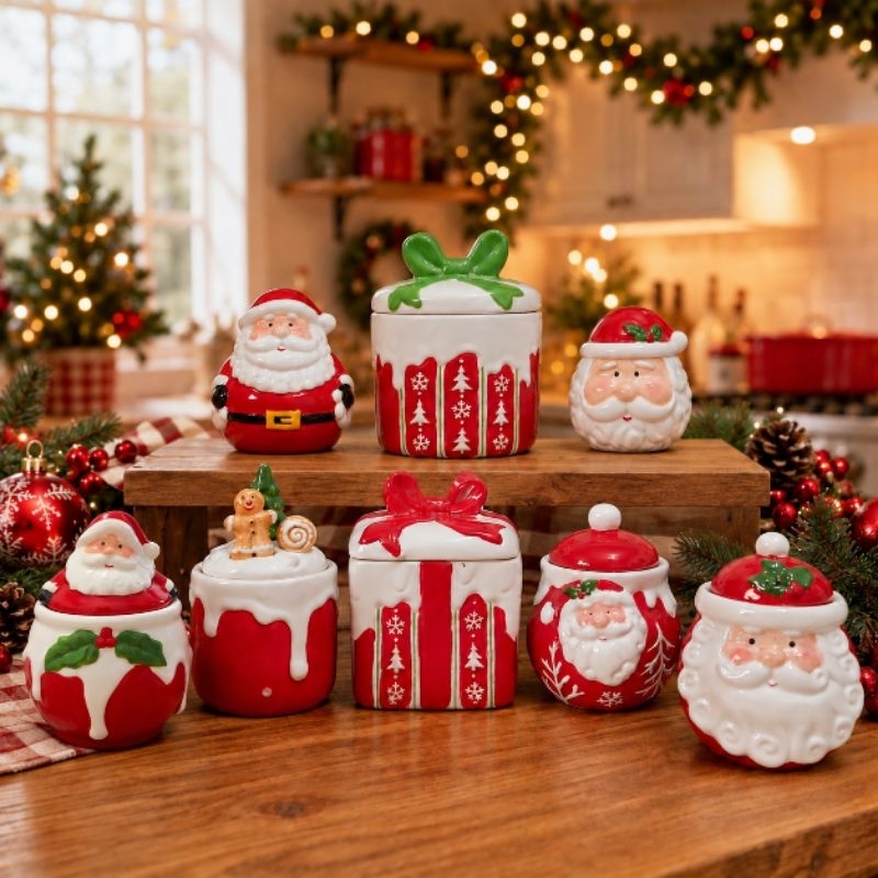 Pote Papai Noel Natalino de Cerâmica Gingerbread Urso Açucareiro Porta-Doces Presente