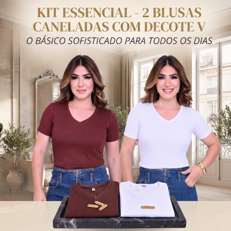 KIT 2 BLUSAS DECOTE BLUSA GOLA V T-SHIRT CANELADA BLUSAS ELEGANTE CAMISETA ESTILOSA