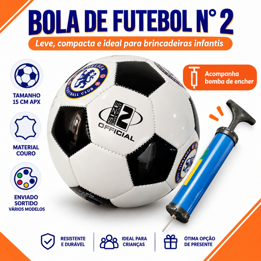 Bola de Futebol Infantil N2 em Couro Sintético com Bomba - Sortida