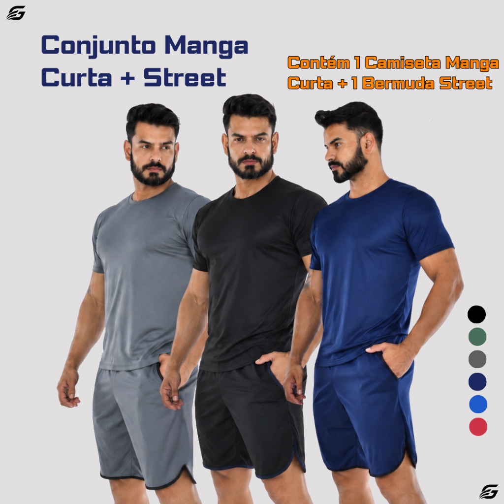 Conjunto Fitness Masculino Camiseta Dry Manga Curta e Bermuda Street com Bolsos para Academia