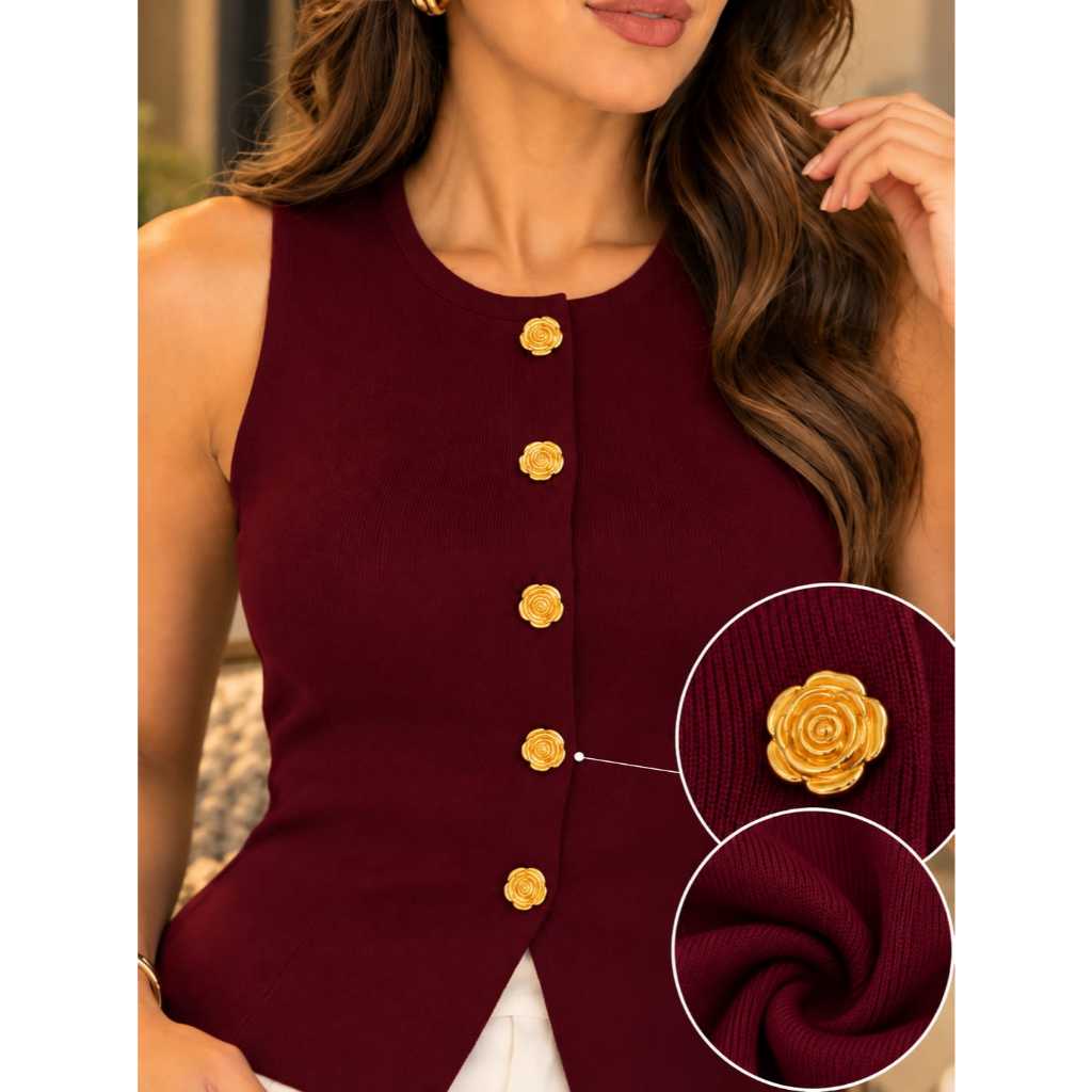 COLETE MODAL FEMININO SOCIAL ELEGANTE-SOFISTICADO COLETE FEMININO DE MODAL COM BOTÕES DOURADOS E DETALHE FLORAL | COLETE