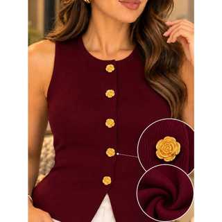 COLETE MODAL FEMININO SOCIAL ELEGANTE-SOFISTICADO COLETE FEMININO DE MODAL COM BOTÕES DOURADOS E DETALHE FLORAL | COLETE