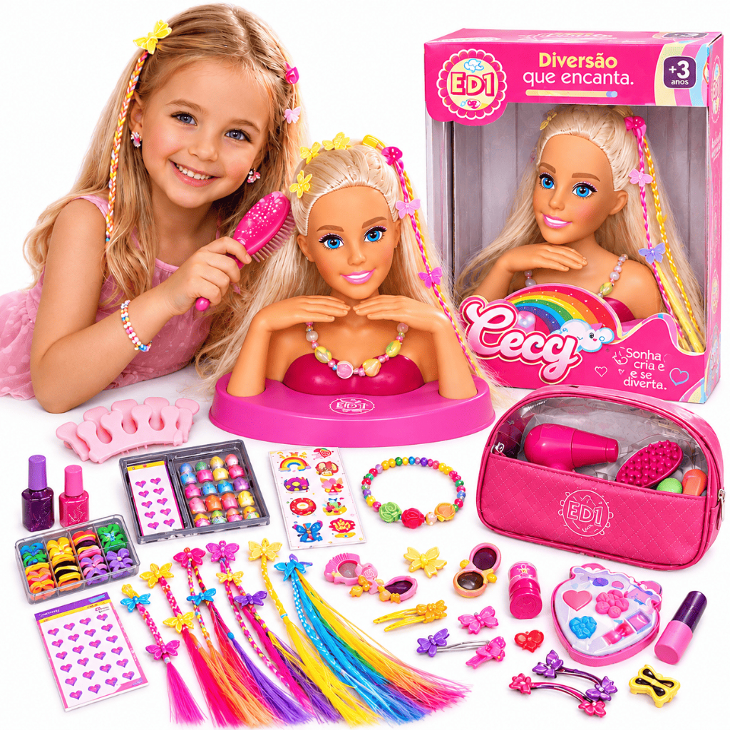 Boneca Busto Fala Frases + Kit Maquiagem Esmalte Adesivo acessórios escova Cabelo secador Brinquedos