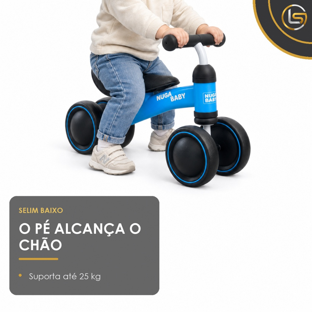 Bicicleta de Equilíbrio Infantil Sem Pedal 4 Rodinhas 12 Meses Bebê Andador Primeira Bicicleta Azul 25 kg Inmetro