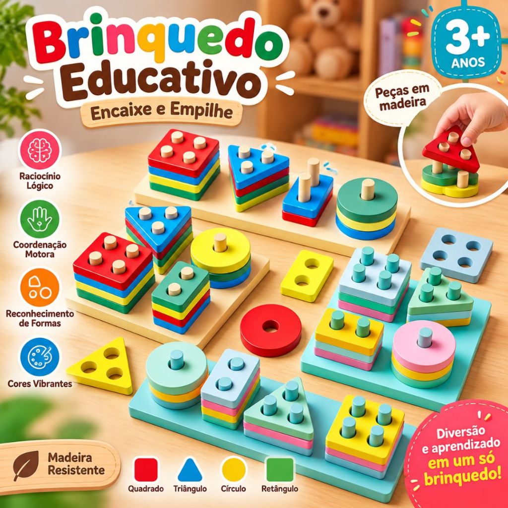 Encaixe Divertido 17 Pçs MDF Brinquedo Educativo Didático Infantil Pedagogia Colorido Cores Sortidas