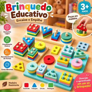 Encaixe Divertido 17 Pçs MDF Brinquedo Educativo Didático Infantil Pedagogia Colorido Cores Sortidas