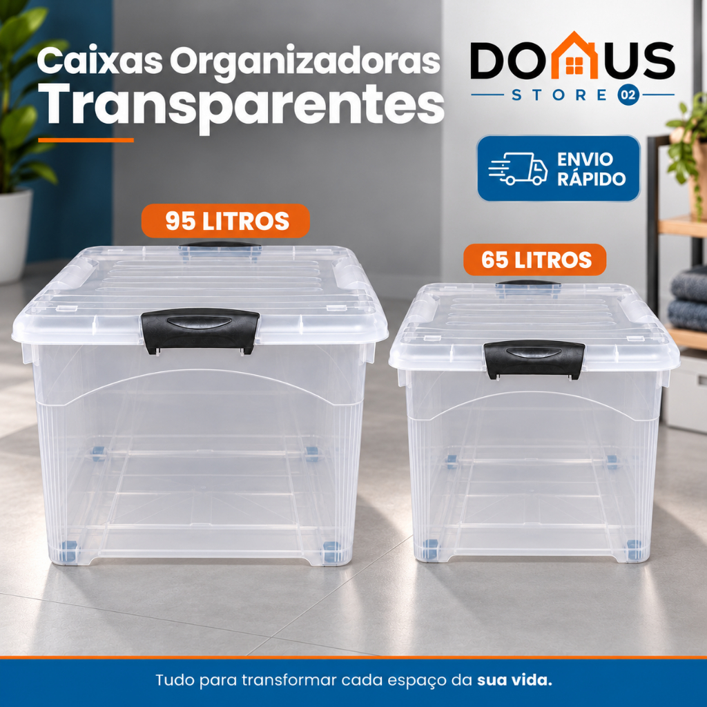 Caixa Organizadora Transparente 95L OU 65L com Rodas