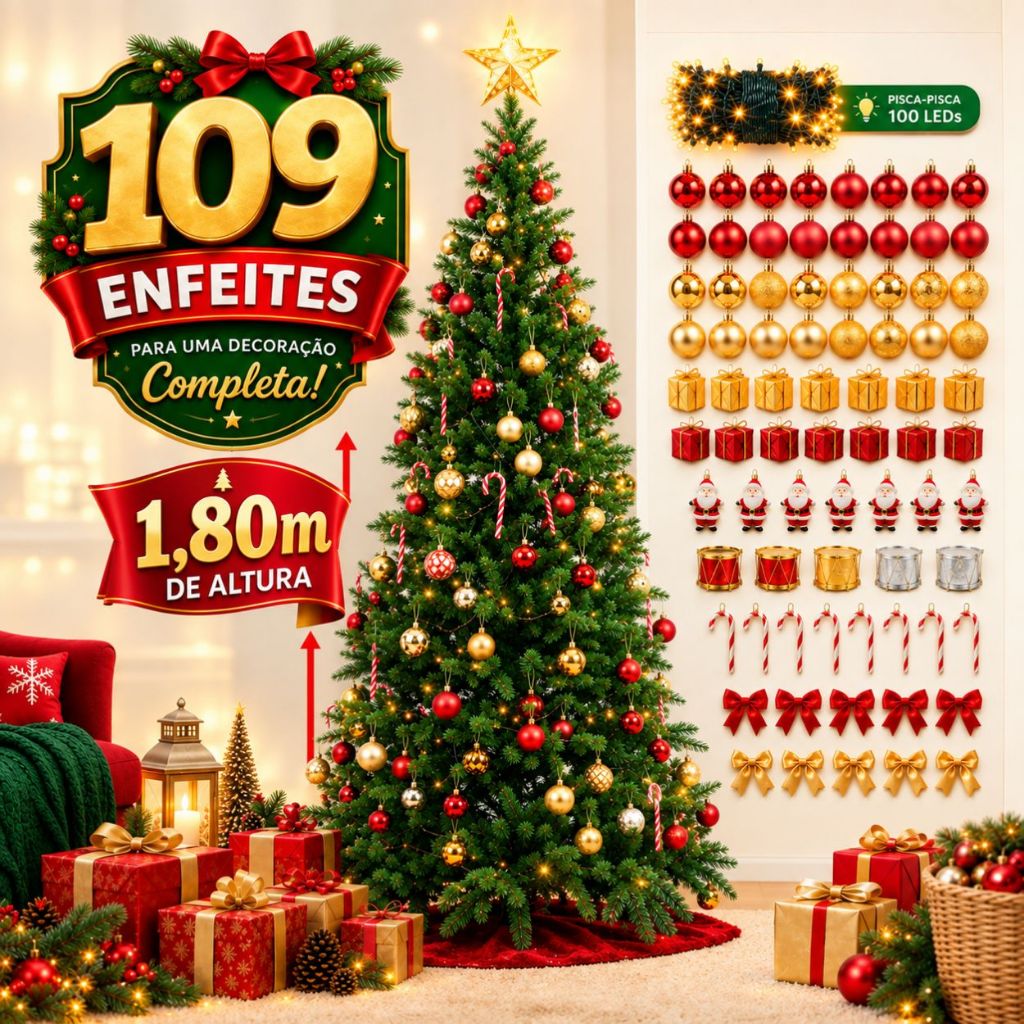 Árvore Natal Pinheiro 180cm 1,80m GALHOS Cheios Enfeitada Decorada Luxo Kit Completo Enfeite Verde