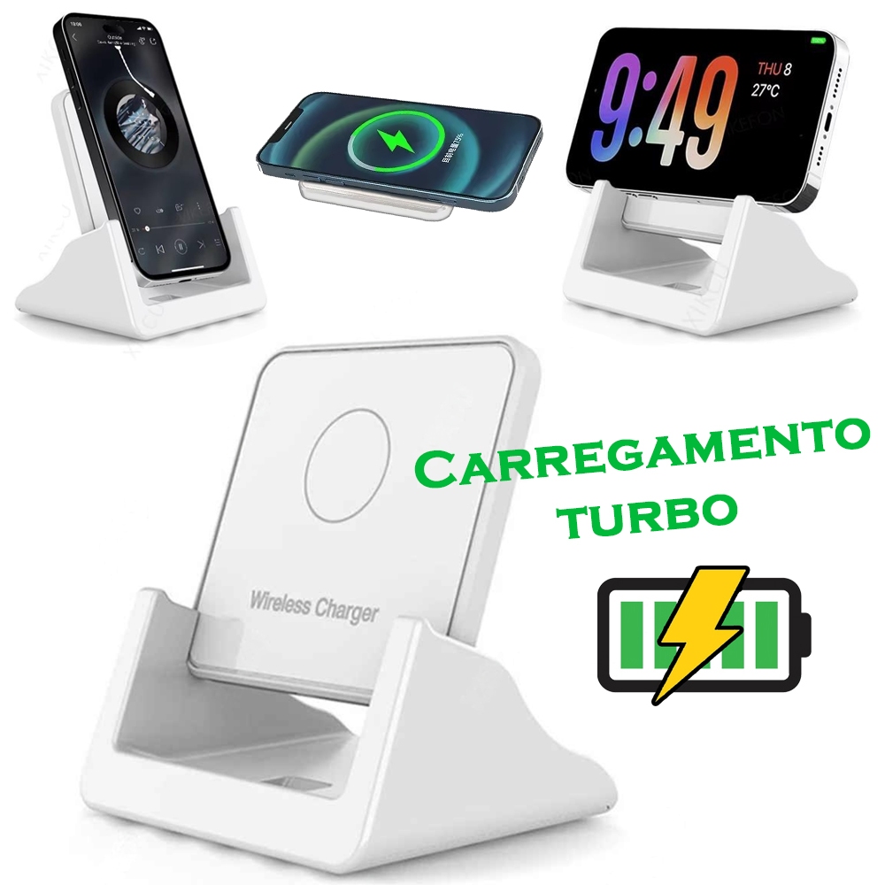 Carregador Indução Sem Fio Carga Rápida Qi Turbo Branco 3 em 1 Suporte Base