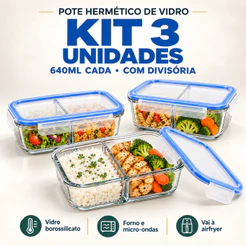 Kit 3 Potes Hermético 640ml de Marmita Vidro Borossilicato com Divisória Air Fryer Forno Micro-Ondas