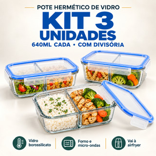 Kit 3 Potes Hermético 640ml de Marmita Vidro Borossilicato com Divisória Air Fryer Forno …