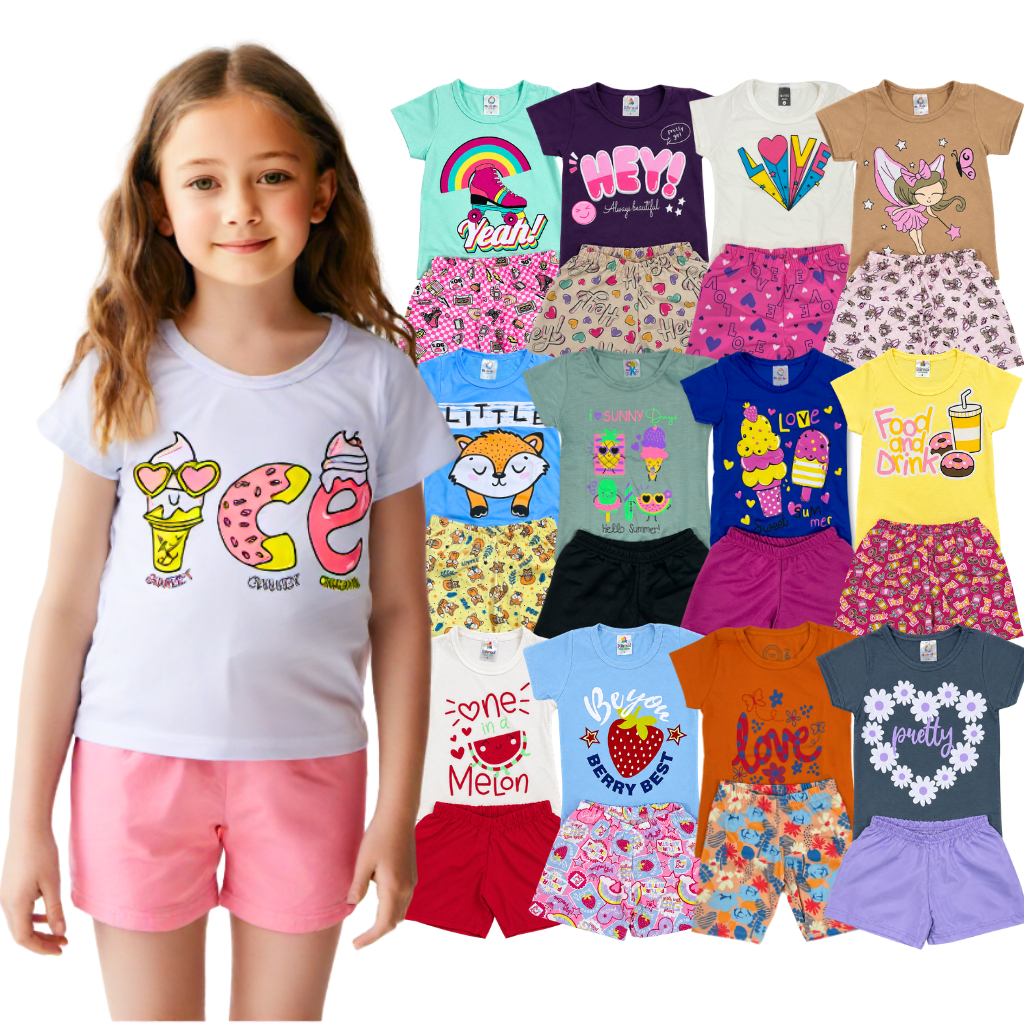 Kit 4, 6, 12 Peças Roupa Infantil Menina Verão Sortido Estampado Camiseta + Shorts 2, 3, 6 Conjuntos