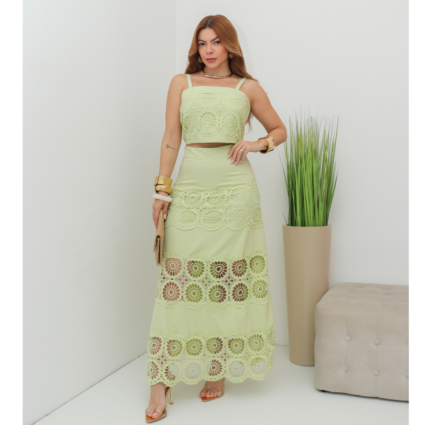 Conjunto Feminino Cropped de Alça com Renda Guipir e Saia Longa Elegante Verão SD4209
