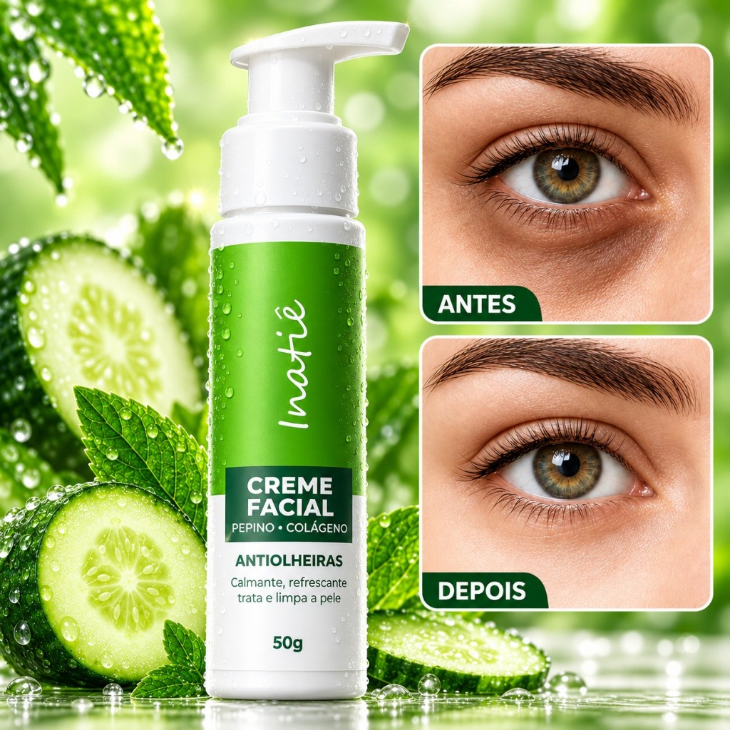 Creme Facial Antiolheiras Pepino Colágeno Hidratação Profunda Pele Revitalizada Olhos Inatiê 50g