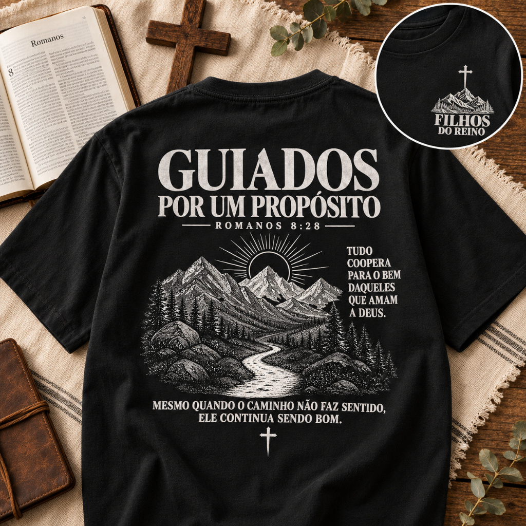 Camisa Camiseta T-Shirt Cristã Guiados Por Um Propósito Romanos 8 Evangélica Católica 100% Algodão Estampada