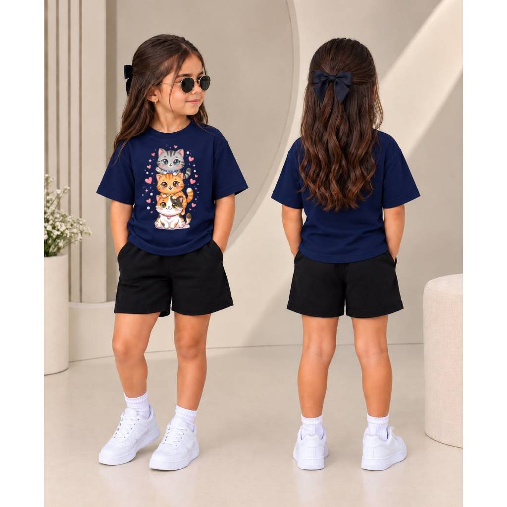Estilo e Conforto Conjunto Infantil Feminino para Menina Camiseta + Short Moletom Estampa Delicada Gatinhos Fofos