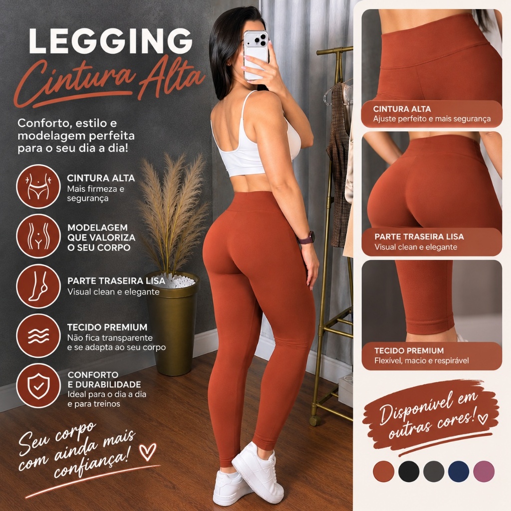 Calça Legging Blackout Sem Transparência Cintura Alta Tecido Premium Modeladora Toque Poliamida Feminina