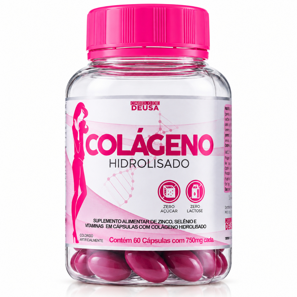 Colágeno Hidrolisado 60 Cápsulas 750mg com Vitaminas A C E Zinco e Selênio Zero Açúcar Zero Lactose Cabelo de Deusa