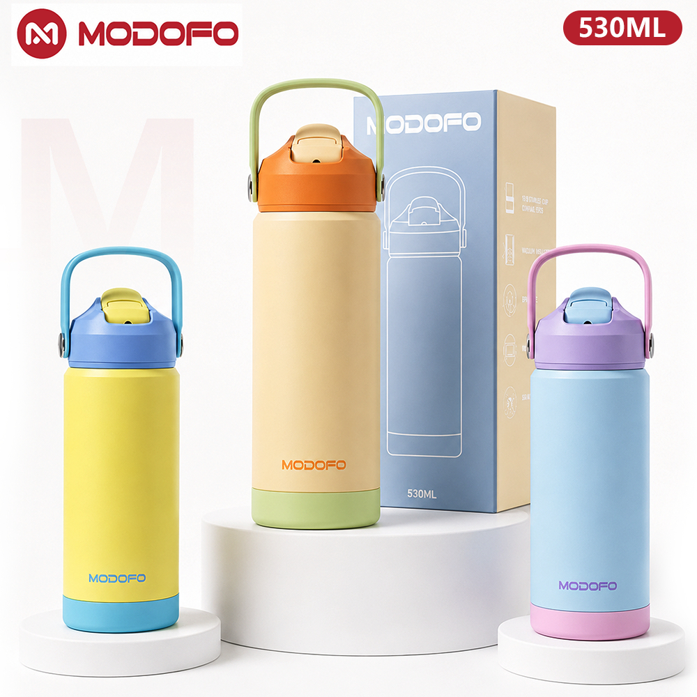 Garrafinha de Água Infantil MODOFO 530ml BPA Free com Canudo Antivazamento Aço Inox 304 Quente e Frio