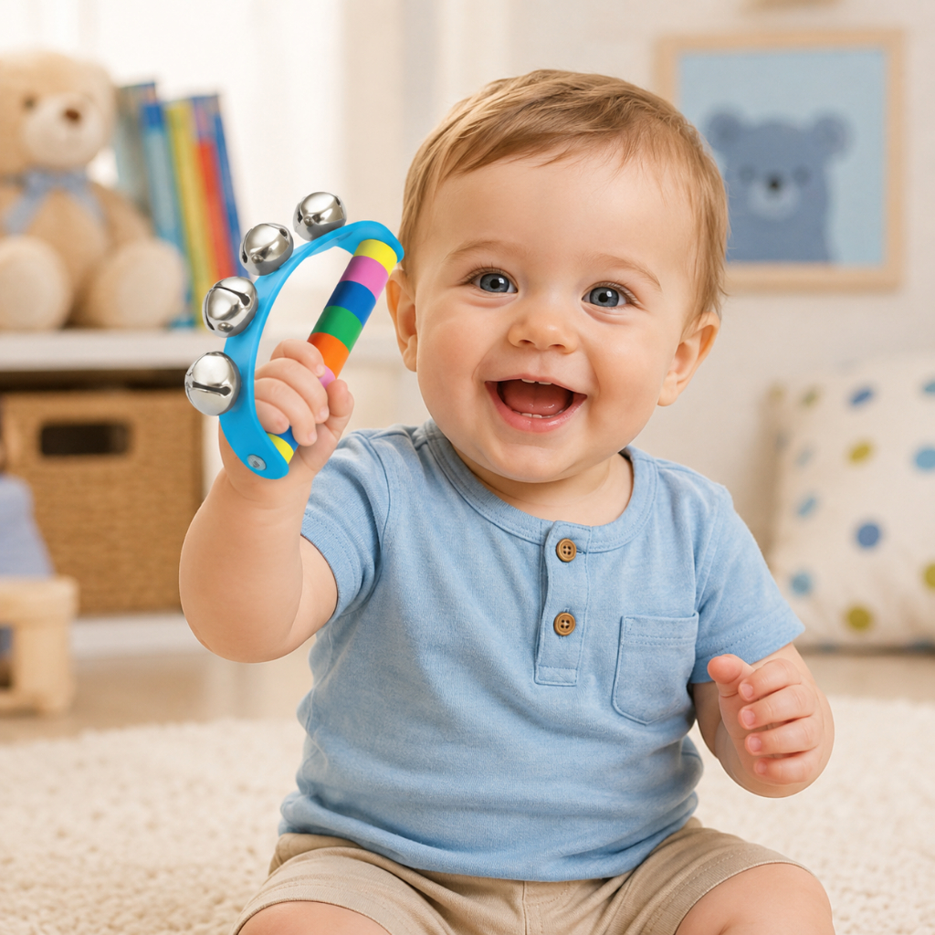 Chocalho Sensorial Infantil Meia-Lua com Guizos Coloridos – Brinquedo Musical Educativo Sonoro