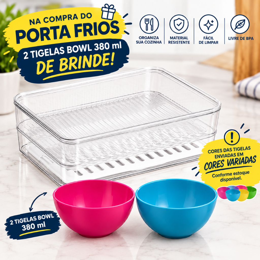 Porta Frios Duplo Organizador de Geladeira Transparente Com Divisória Queijo Presunto OU + 2 Bowl 380ml