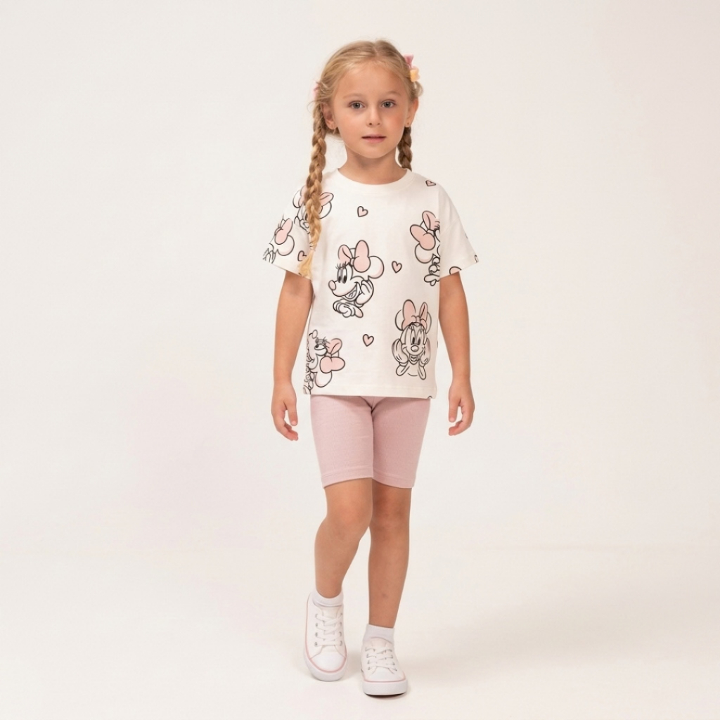 Conjunto Infantil Menina Minnie Verão Camiseta Estampada + Short Ciclista Rosa Canelado 1 ao 12