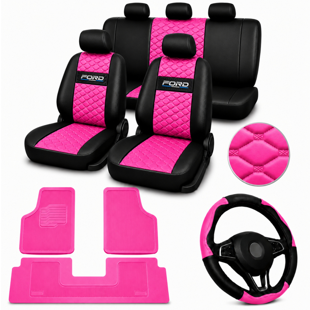 kit Capa Banco Couro ford + Tapete + Volante preto e rosa Eco Sport Focus Fiesta Ka