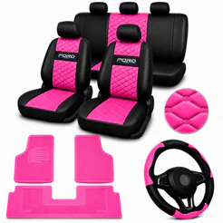 kit Capa Banco Couro ford + Tapete + Volante preto e rosa Eco Sport Focus Fiesta Ka