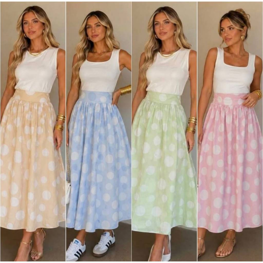 Saia Longa Inês Poá Feminina Elegante Casual Tecido Tricoline