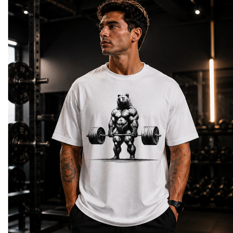 Camiseta Oversized Estampada Urso Deadlift Levantamento Terra Academia Musculação 100% Algodão Penteado Premium
