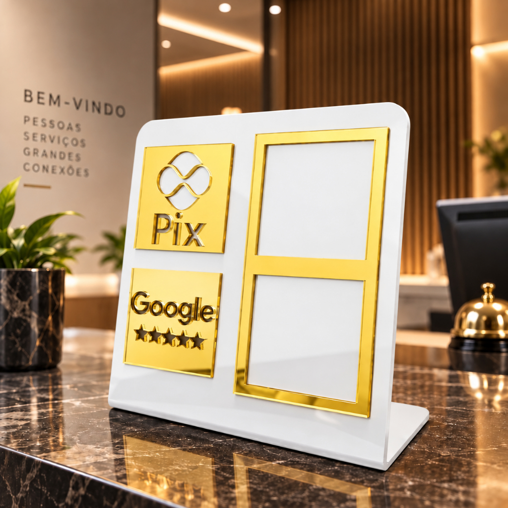 Placa Display QR Code Pix Google Plaquinha Mesa Balcão Acrílico Espelhado