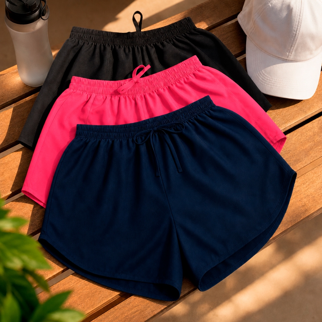 KIT 3 Shorts Tactel Feminino Praia Corrida Caminhada Soltinho Confortável Secagem Verão  Rápida P Plus Size