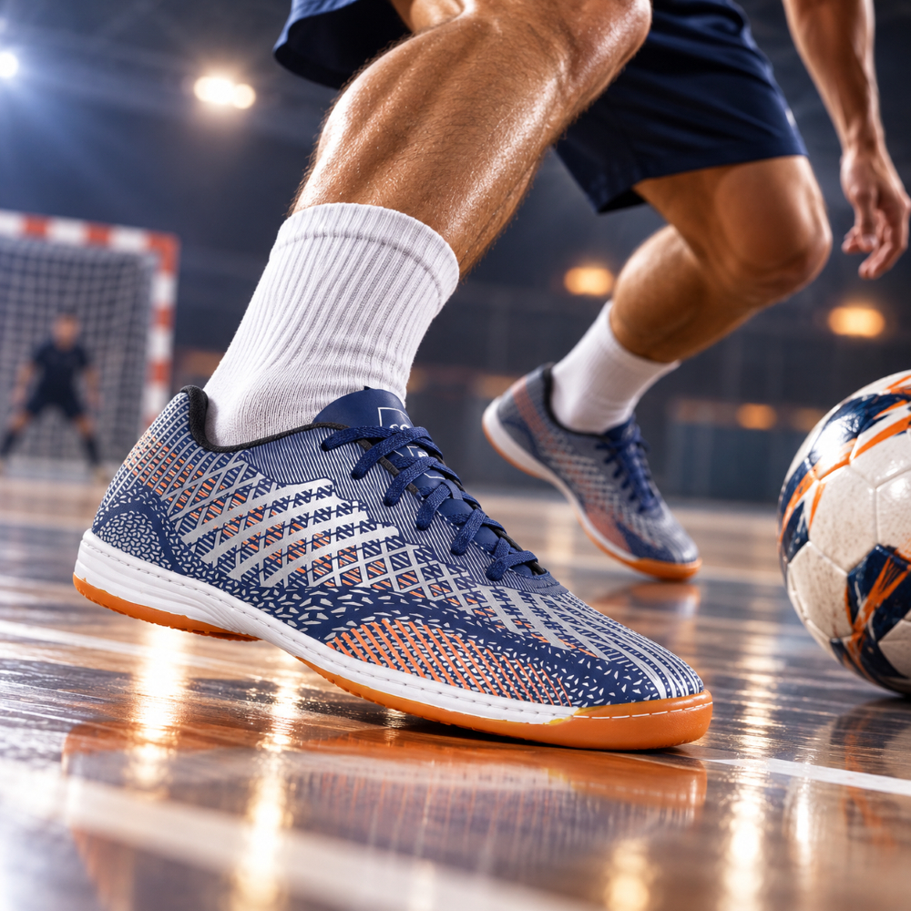 Chuteira Futsal Azul Masculina Para Quadra Com E Solado Antiderrapante Para Futebol De Salão