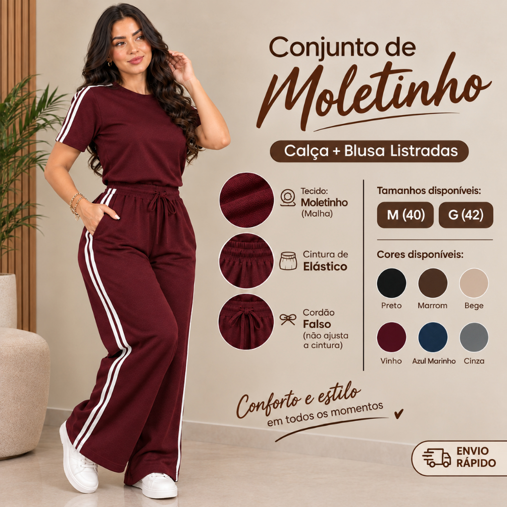 Conjunto Feminino Moletinho Blusa Com Manga + Calça Pantalona Com Listras Tecido Grosso e Confortavel Moda Verão 2026