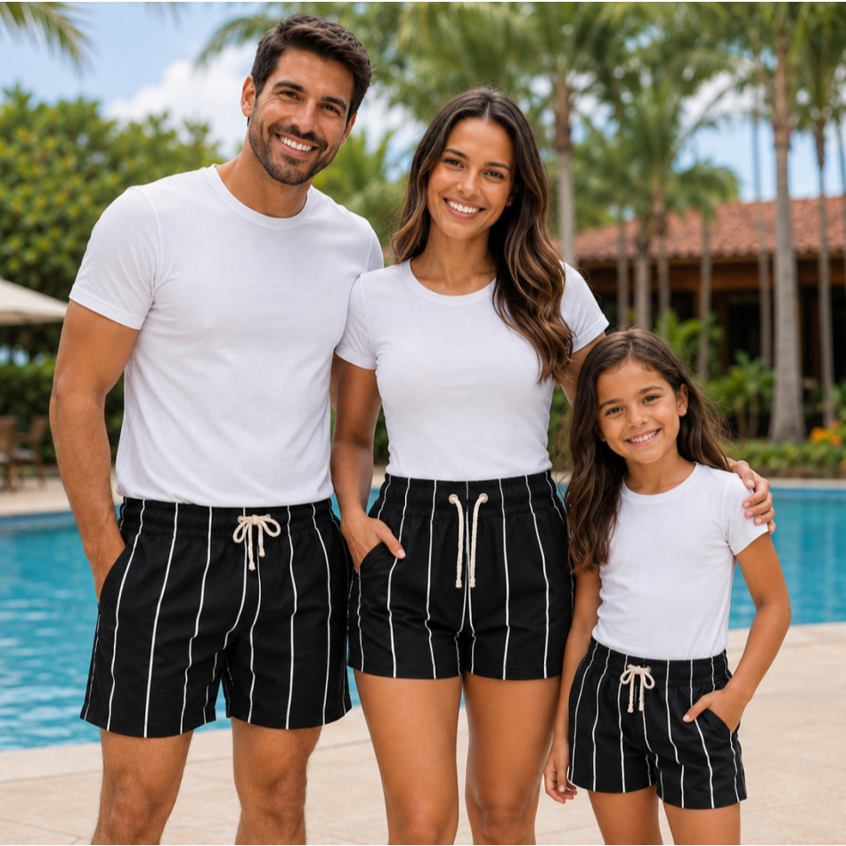 Conjunto kit 3 bermudas tal pai mãe e filho / filha família combinando praia listras estampado passeio