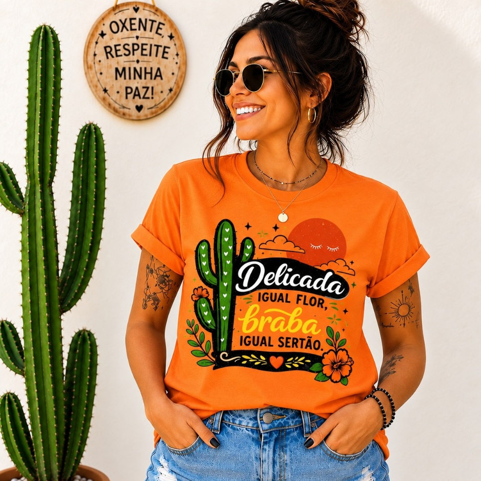 Camiseta Feminina Delicada Igual Flor, Braba Igual Sertão 100% Algodão Estampada Casual Confortável T-Shirt Country Moda