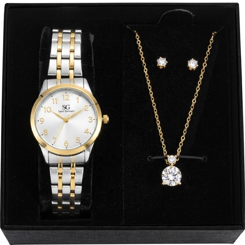Kit Relógio Colar Brincos Bicolor Feminino Saint Germain Elegante Delicado Luxuoso Sofisticado