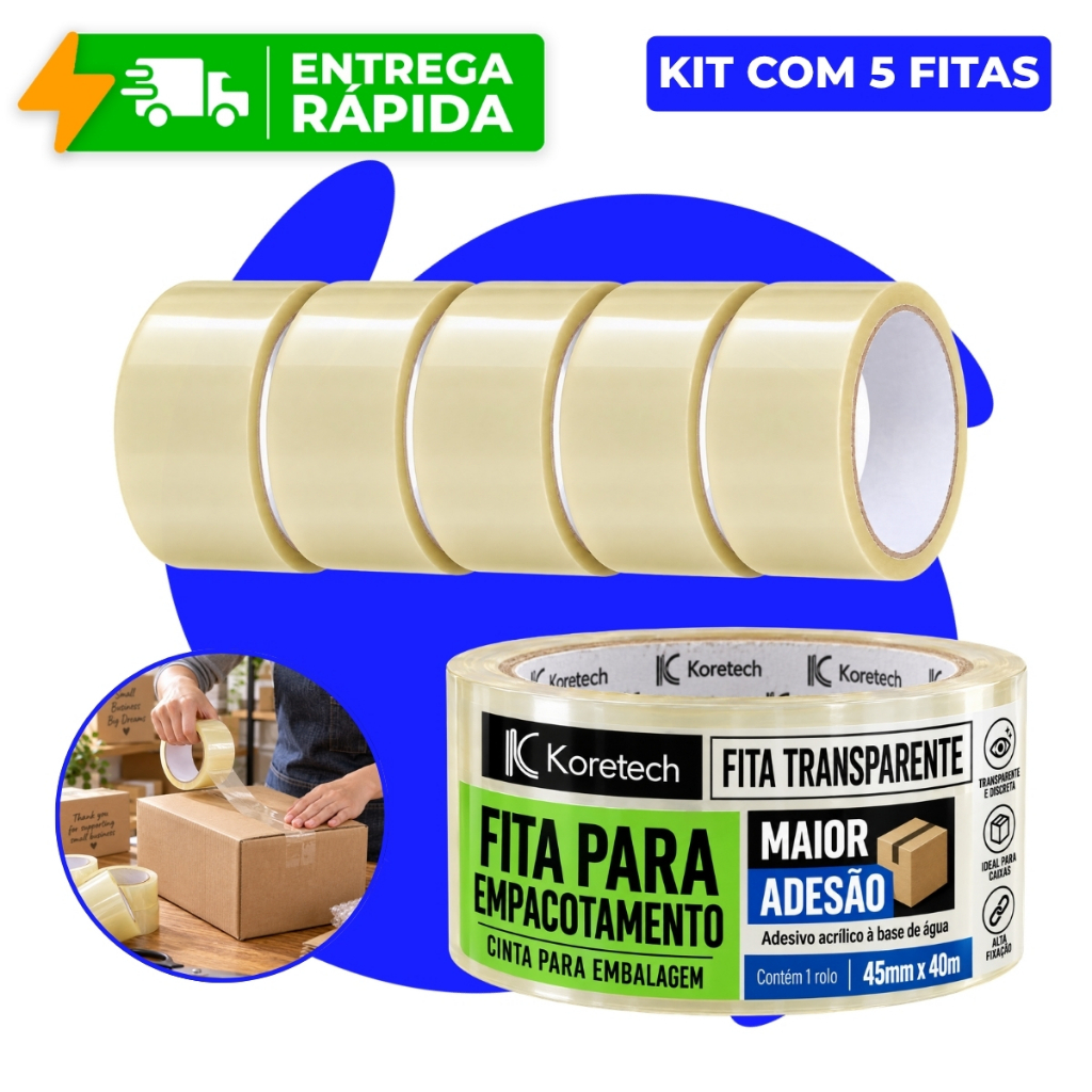 Fita Adesiva Transparente Koretech 45mm x 40m Kit 3 Unidades Empacotamento Fechamento Caixas Mudança