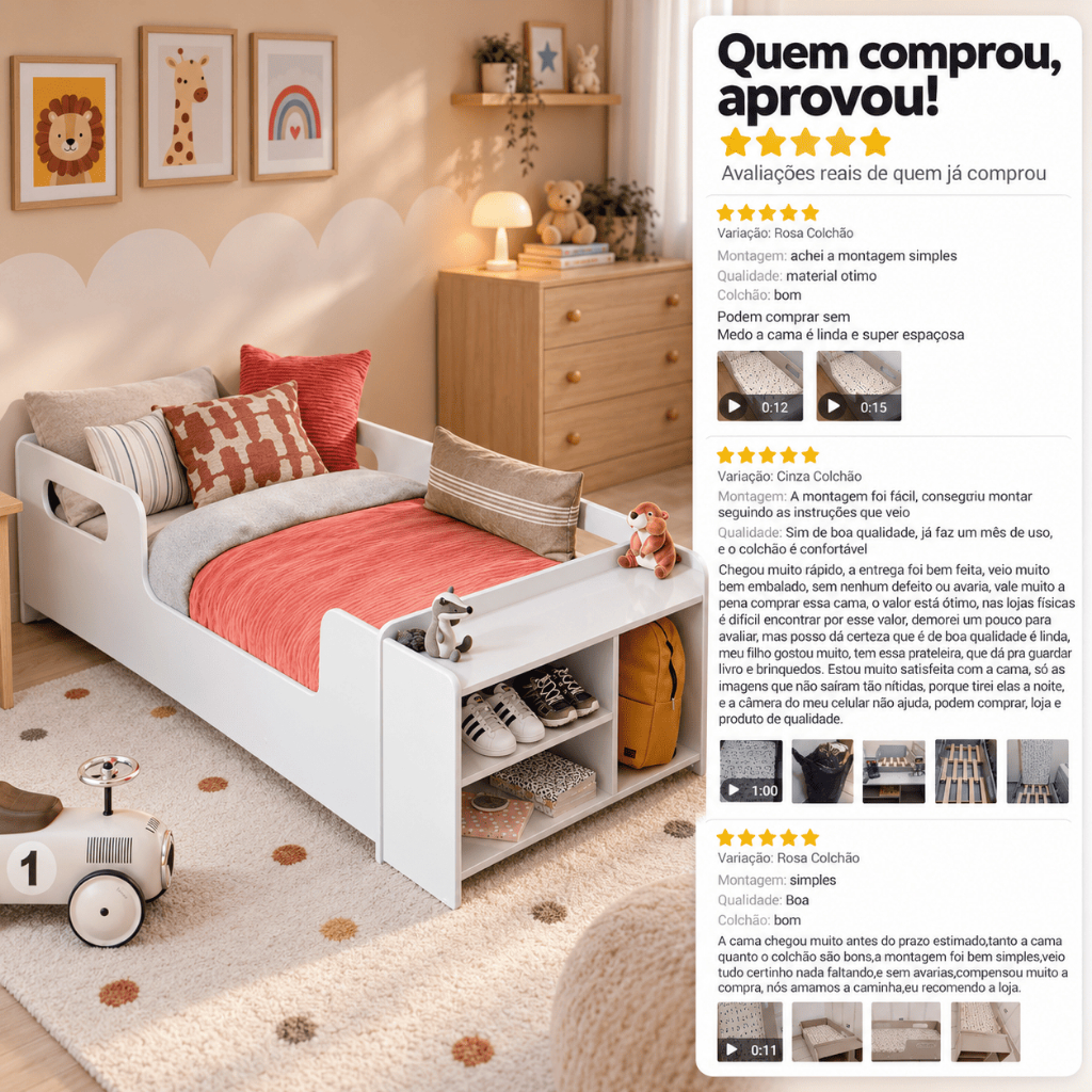 Cama Infantil Montessoriana Baixa Para Colchão Com Sapateira E Nicho Para Quarto De Criança Menina E Menino Aconchego · foto 2