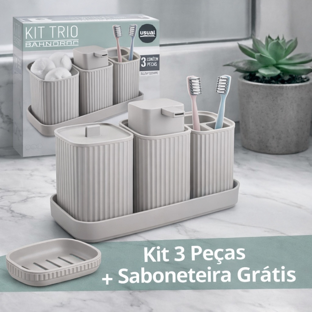Kit Banheiro 04 peças com Bandeja Porta Escova Dispenser de Sabote e Porta Algodão + Saboneteira GRÁTIS