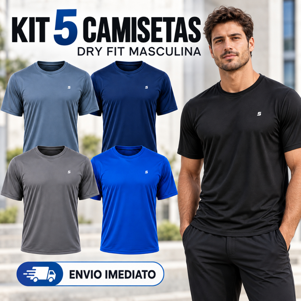 Kit 5 Camisetas Masculinas Dry Fit Esportivas Para Academia Musculação Corrida Caminhada Treino Leve e Confortável