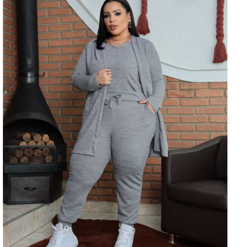 Conjunto Feminino Plus Size 3 Peças Malha Rib Cardigan Blusa e Calça Confortável
