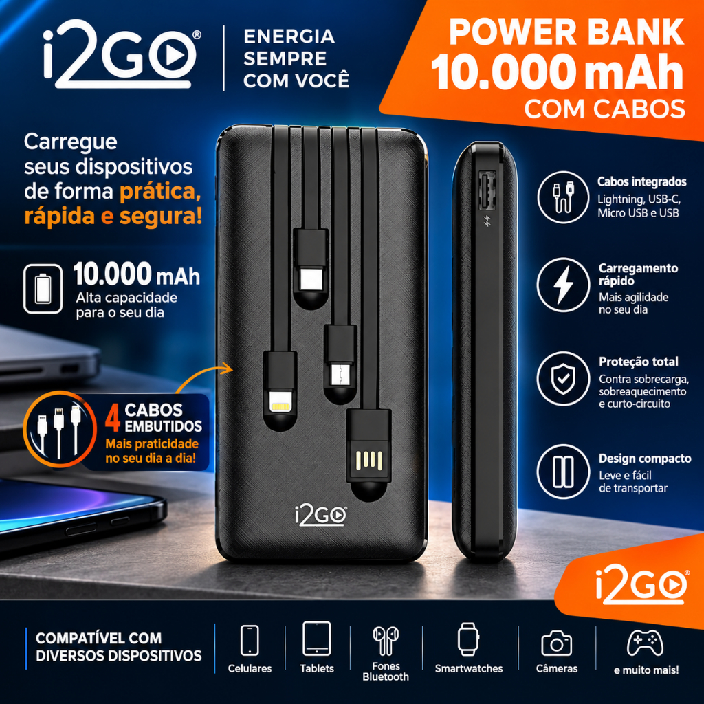 Carregador Portátil Power Bank i2GO 10000mAh Com Cabos Acoplados Micro-USB USB C Lightning e USB A