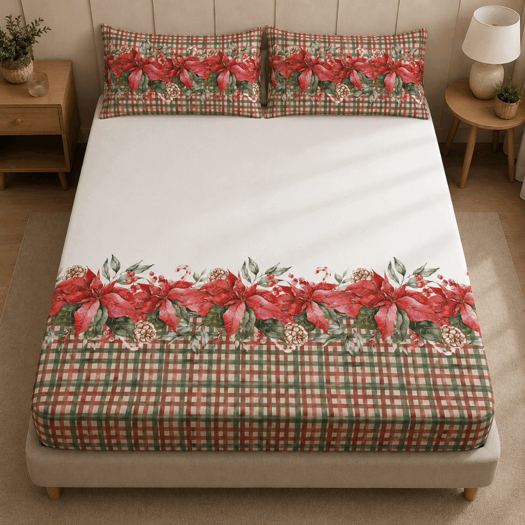 Jogo de Lençol Casal 3PC 400 Fios (Jogo de Cama Natalino, Enxoval Casal, Roupa de Cama)